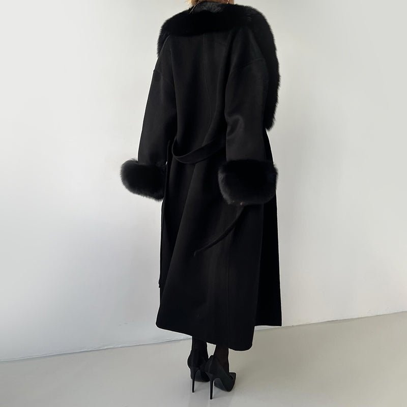Isla Straight Fit Long Coat | Belted Fur Trim Long Coat