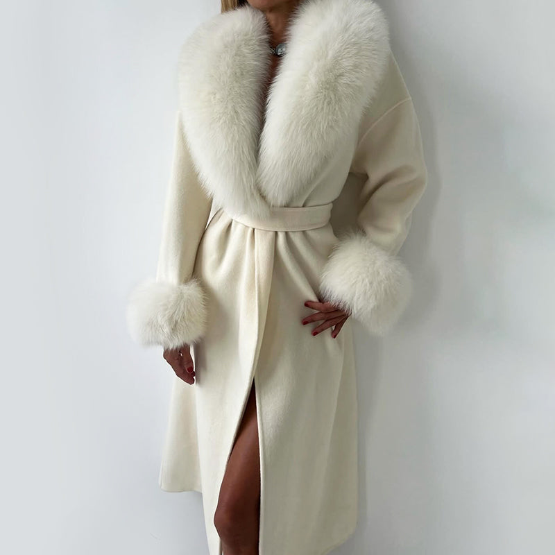 Isla Straight Fit Long Coat | Belted Fur Trim Long Coat