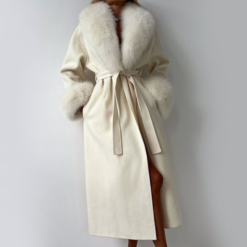 Isla Straight Fit Long Coat | Belted Fur Trim Long Coat
