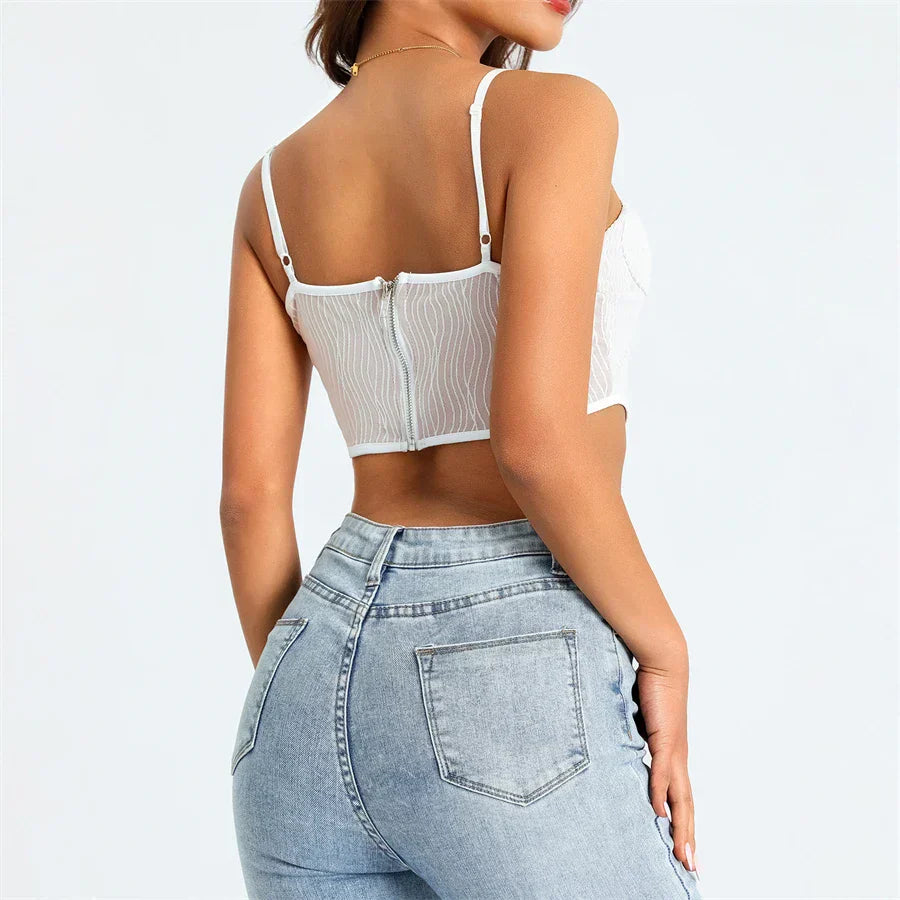 Zachte Mesh Cropped Korset met Golvend Design