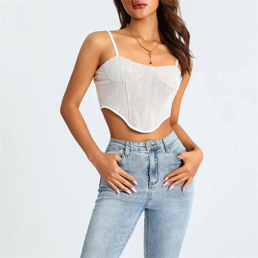 Zachte Mesh Cropped Korset met Golvend Design