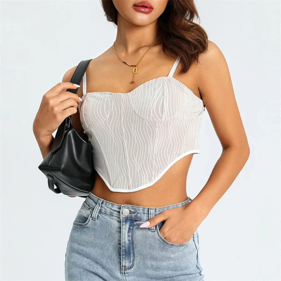 Zachte Mesh Cropped Korset met Golvend Design