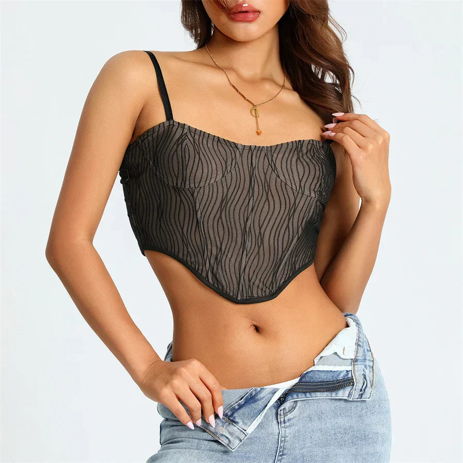 Zachte Mesh Cropped Korset met Golvend Design