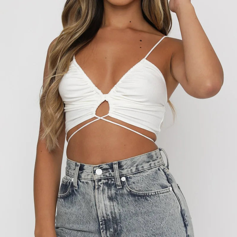 Dames Crop Top – Diepe V-Hals – Cut-Out Design – Verstelbare Bandjes – Strikdetail