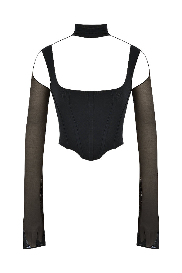 Zwarte cropped top met vierkante hals en mesh details