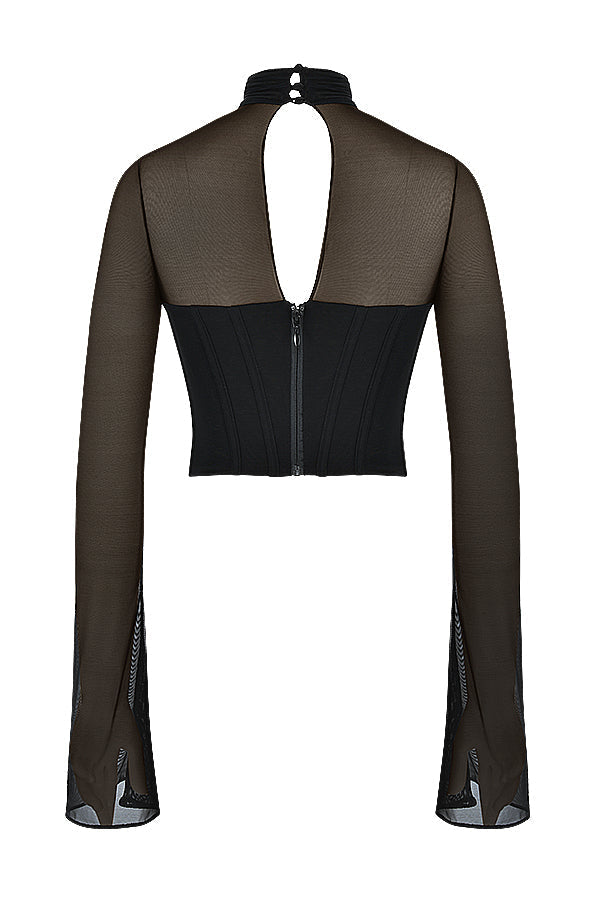 Zwarte cropped top met vierkante hals en mesh details