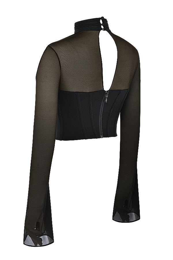 Zwarte cropped top met vierkante hals en mesh details