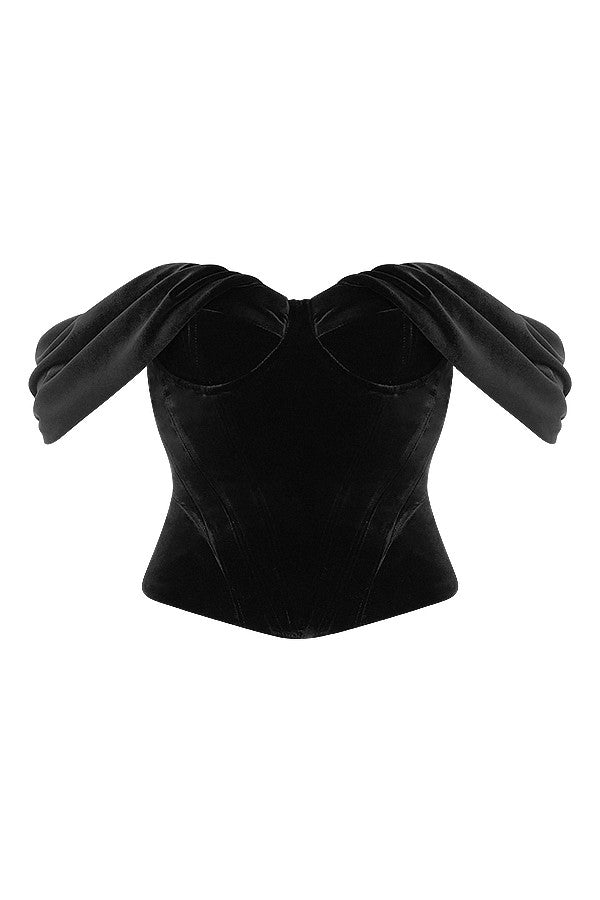 Zwarte fluwelen strapless top met off-shoulder drapering