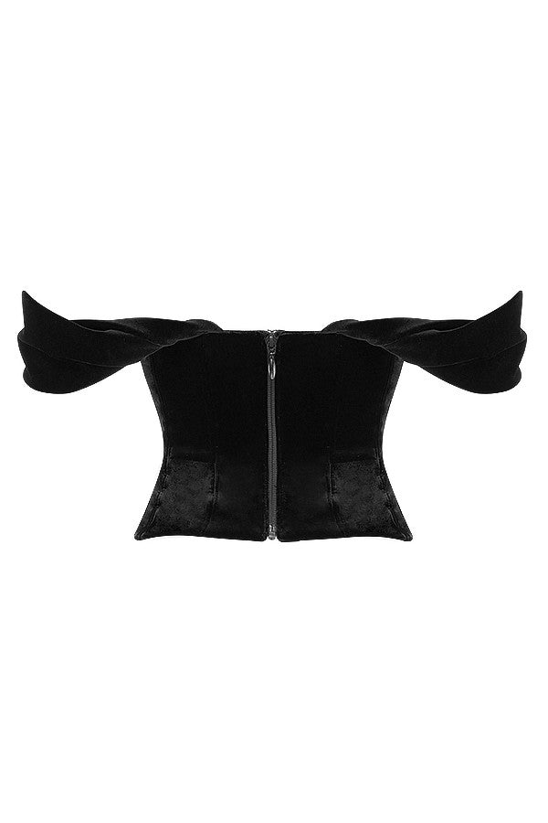 Zwarte fluwelen strapless top met off-shoulder drapering