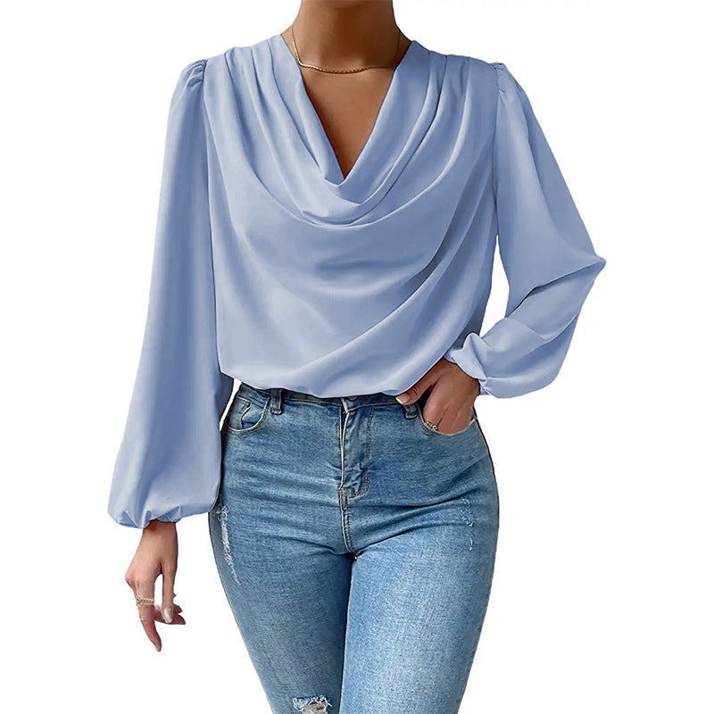 Dames Blouse – Losse Pasvorm – Cowl Halslijn – Lange Pofmouwen – Elegante Stijl