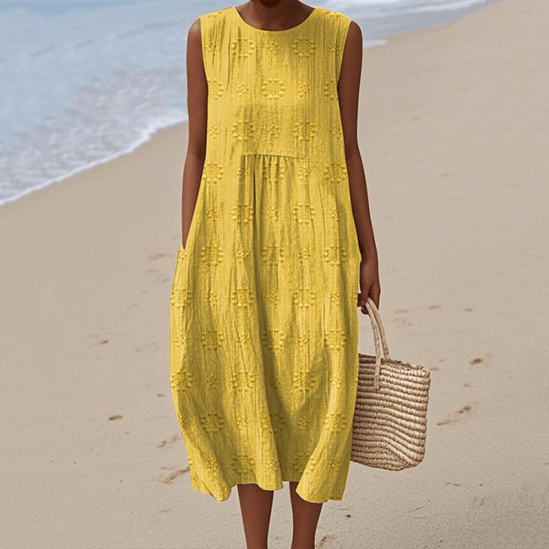 Ladies midi dress – Loose fit – A-line – Naturally breathable – Floral print – Pockets