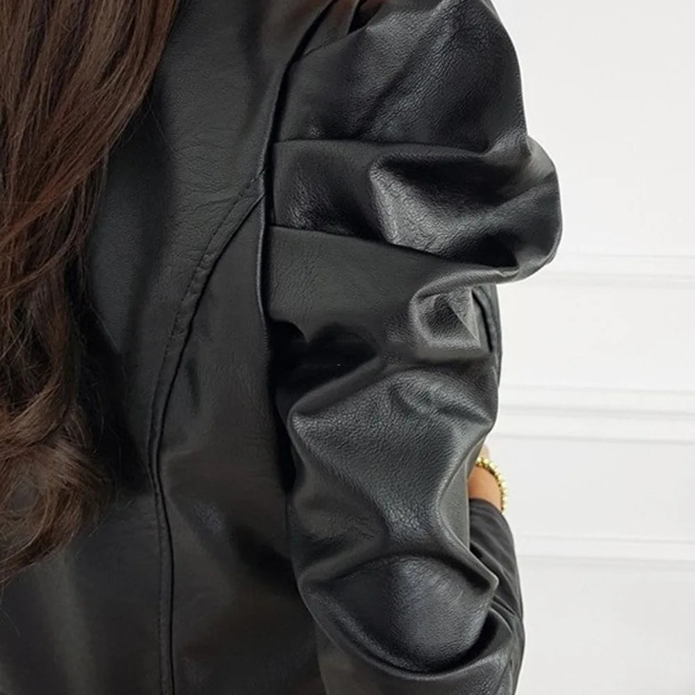 Ladies Leather Jacket – Lightweight – Round Neck – Puffed Shoulder – Minimalist Design