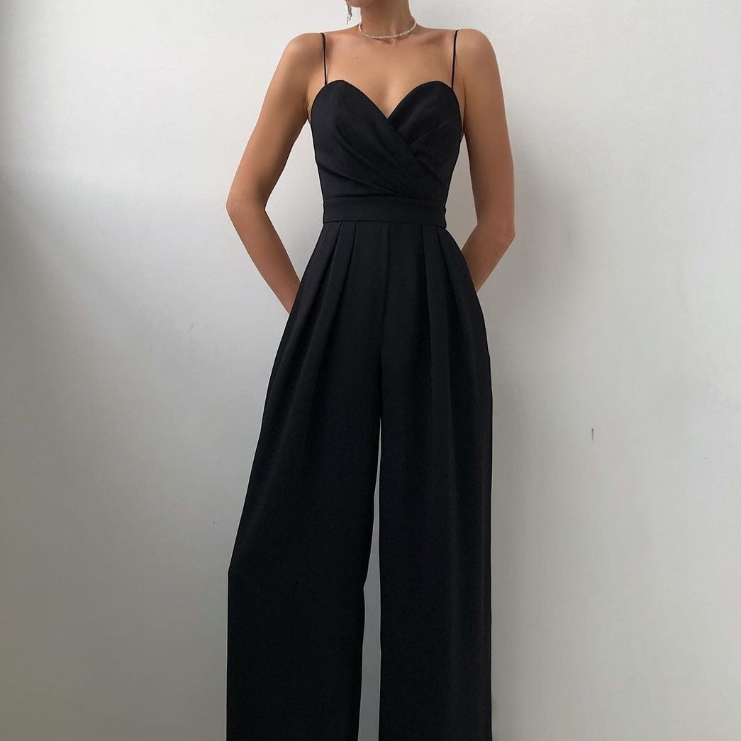 Dames Jumpsuit - V-Hals Wrap Design - Spaghettibandjes - Wijde Pijpen - Elegante Pasvorm