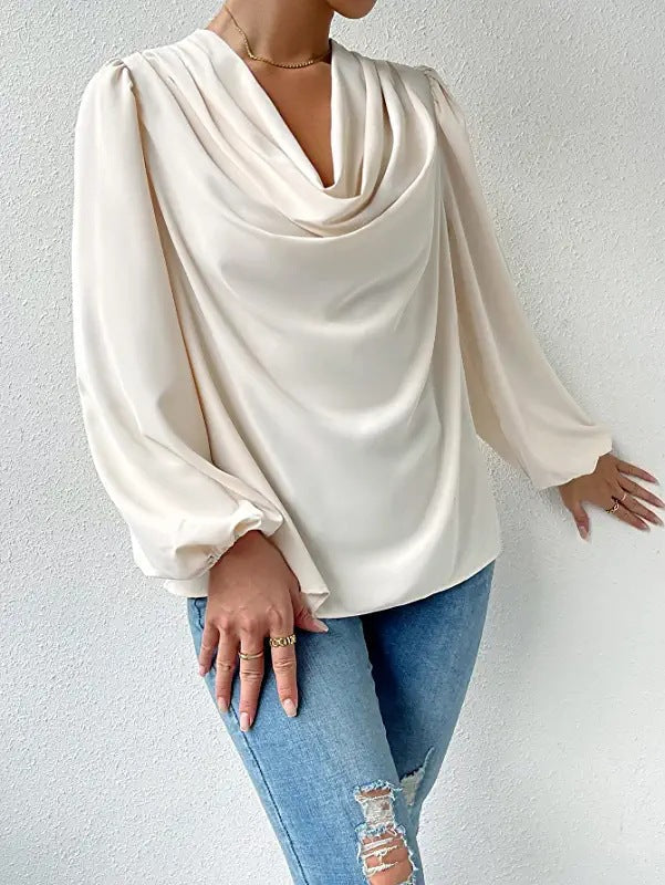 Dames Blouse – Losse Pasvorm – Cowl Halslijn – Lange Pofmouwen – Elegante Stijl