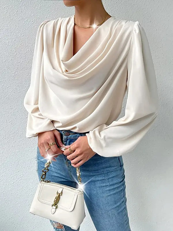 Dames Blouse – Losse Pasvorm – Cowl Halslijn – Lange Pofmouwen – Elegante Stijl