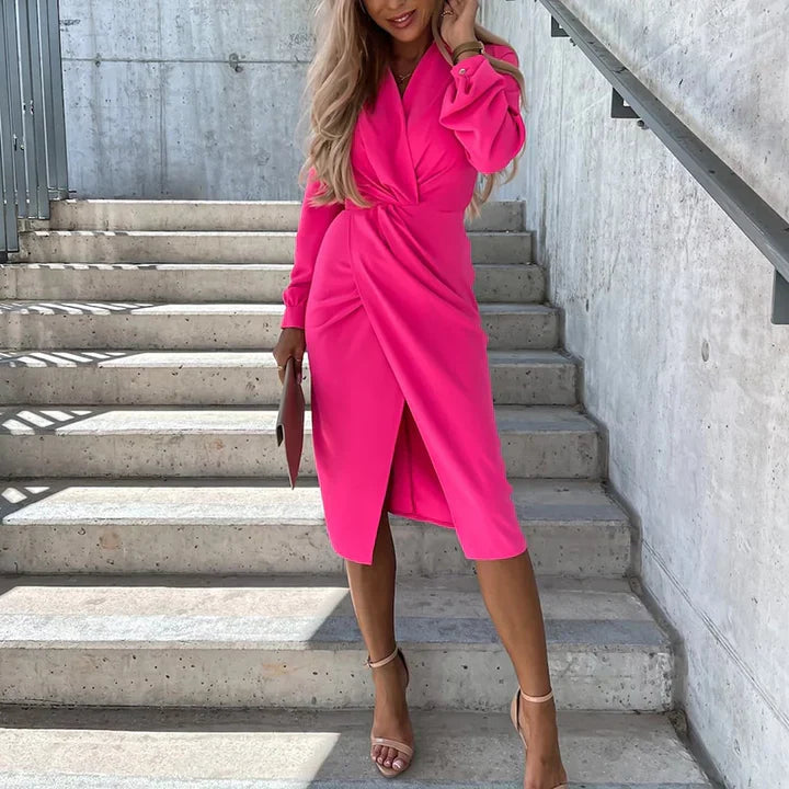 Dames Wikkeljurk – Midi Lengte – Elegante Split – Lange Mouwen – Getailleerde Pasvorm