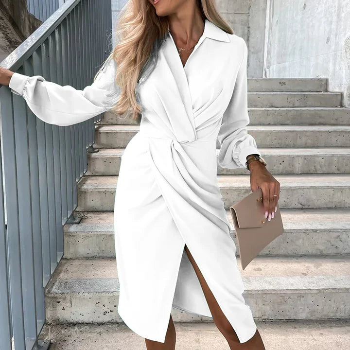 Dames Wikkeljurk – Midi Lengte – Elegante Split – Lange Mouwen – Getailleerde Pasvorm