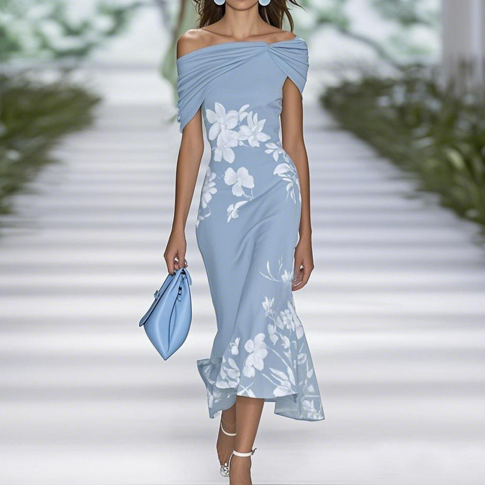 Women's Midi Dress – Off Shoulder – Figure-hugging – Floral Print – Breathable Material