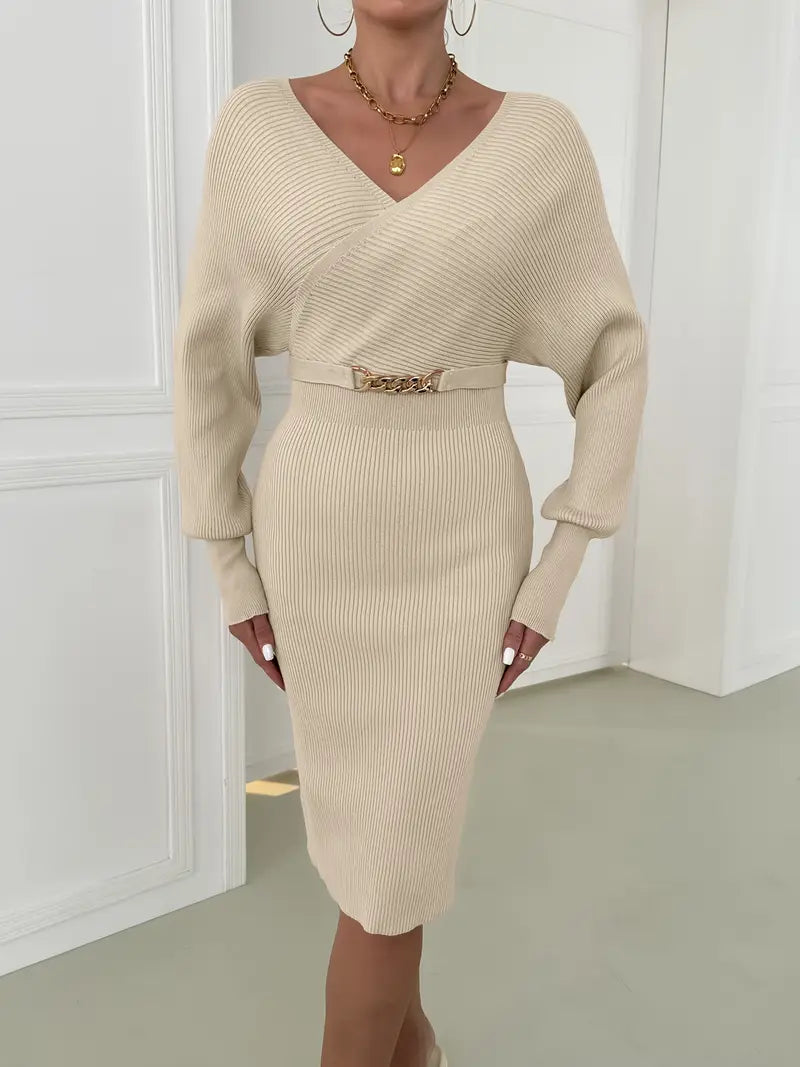 Kate | Leona V-Hals Midijurk met Lange Mouwen voor Herfst en Winter