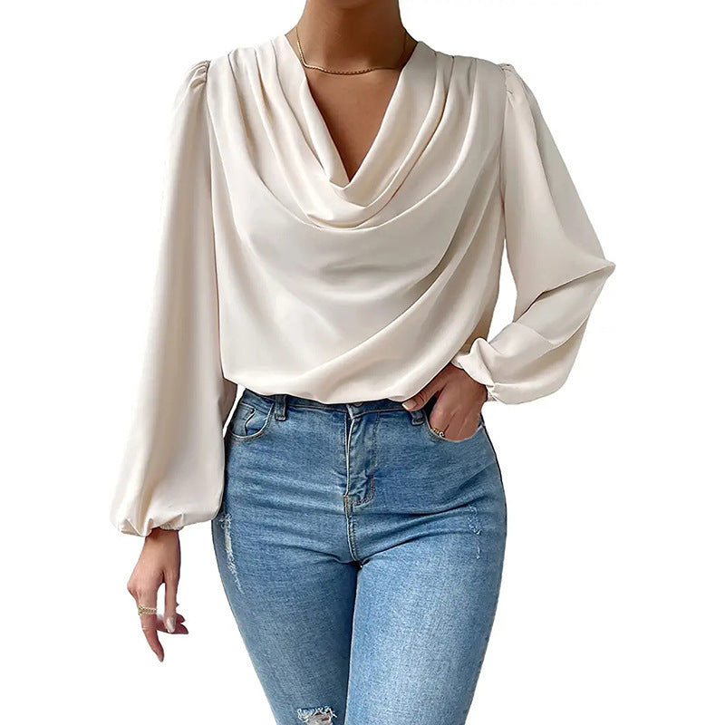 Dames Blouse – Losse Pasvorm – Cowl Halslijn – Lange Pofmouwen – Elegante Stijl