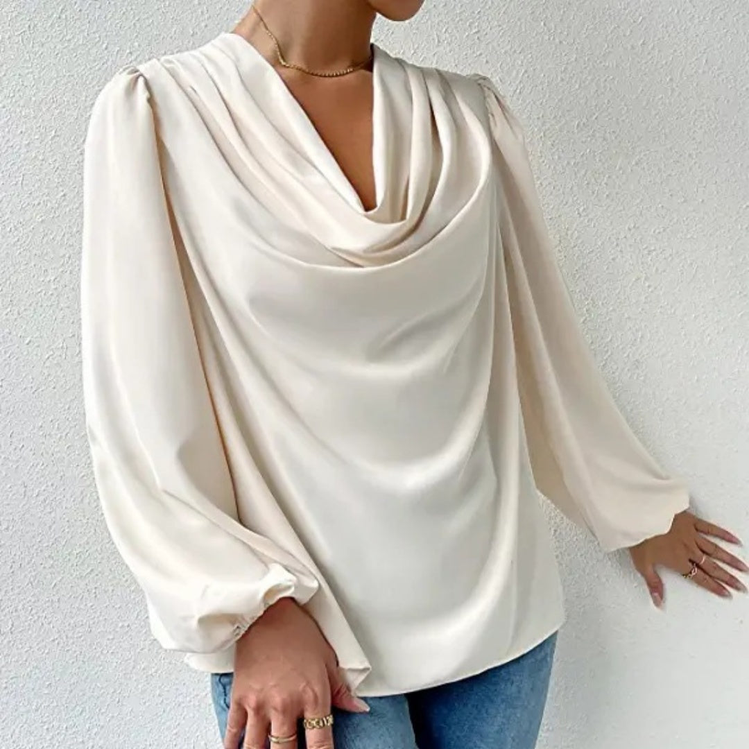 Dames Blouse – Losse Pasvorm – Cowl Halslijn – Lange Pofmouwen – Elegante Stijl