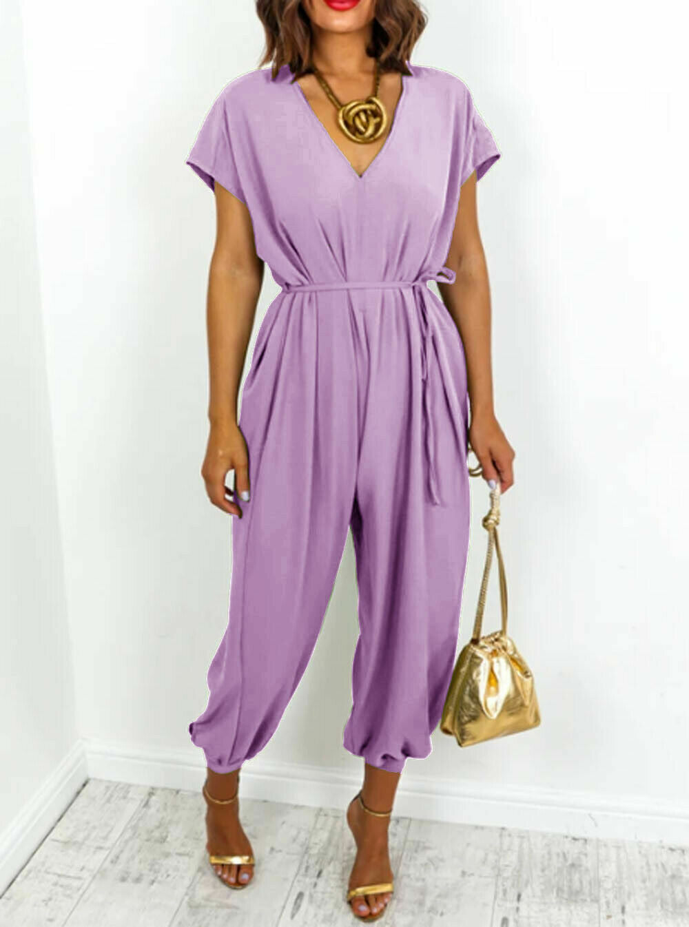 Dames Jumpsuit – V-hals – Korte Mouwen – Elastische Taille – Cuffed Pijpen