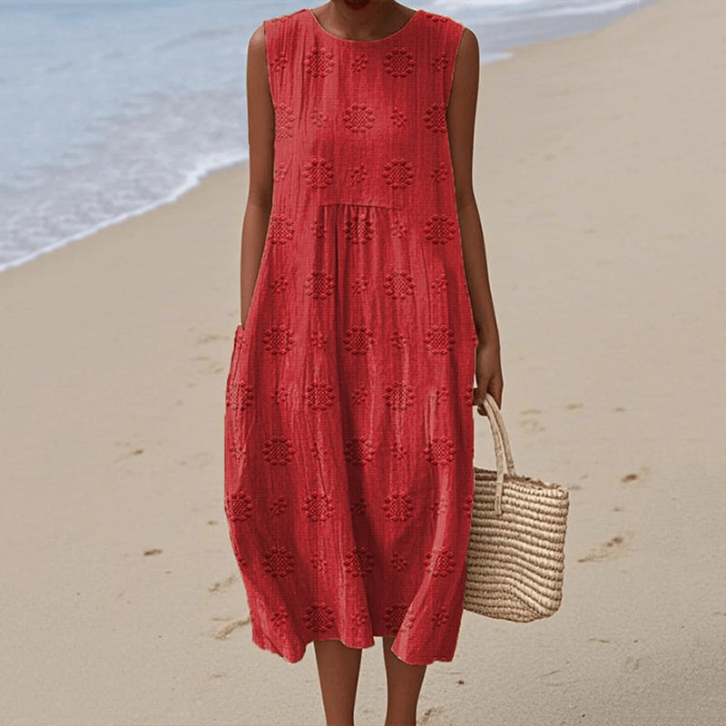 Ladies midi dress – Loose fit – A-line – Naturally breathable – Floral print – Pockets