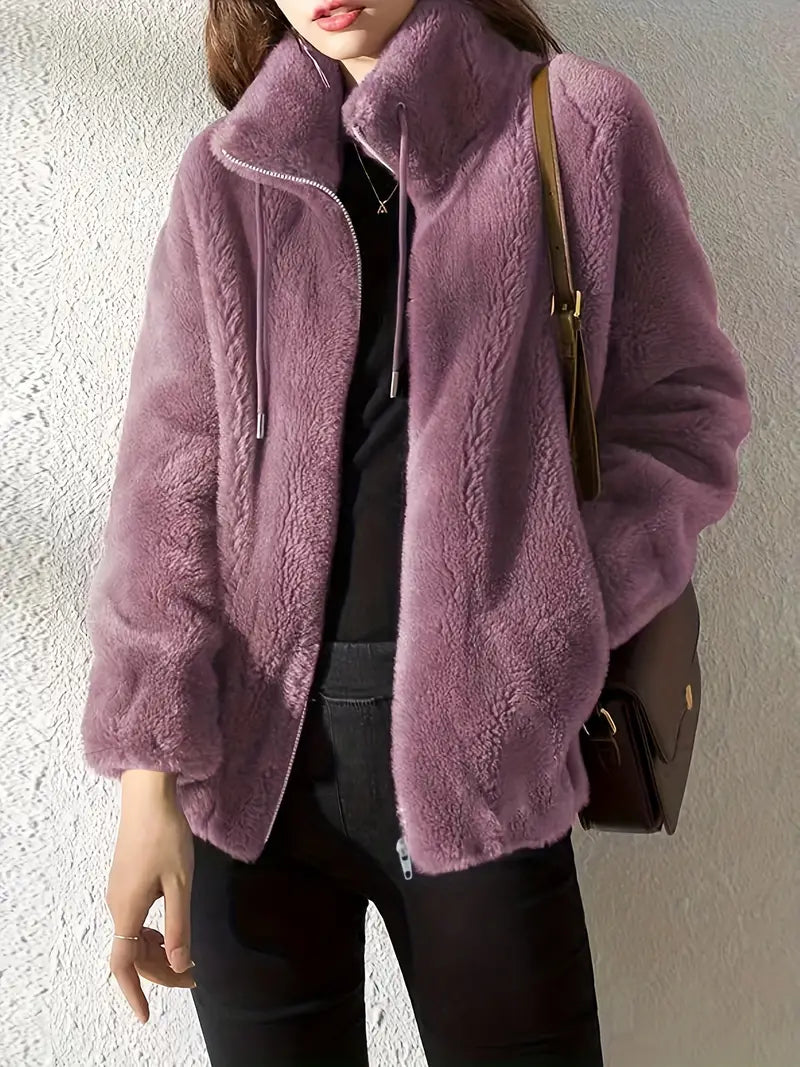 Women's Teddy Coat – Oversized Fit – Soft Fleece – High Collar with Zipper and Drawstrings