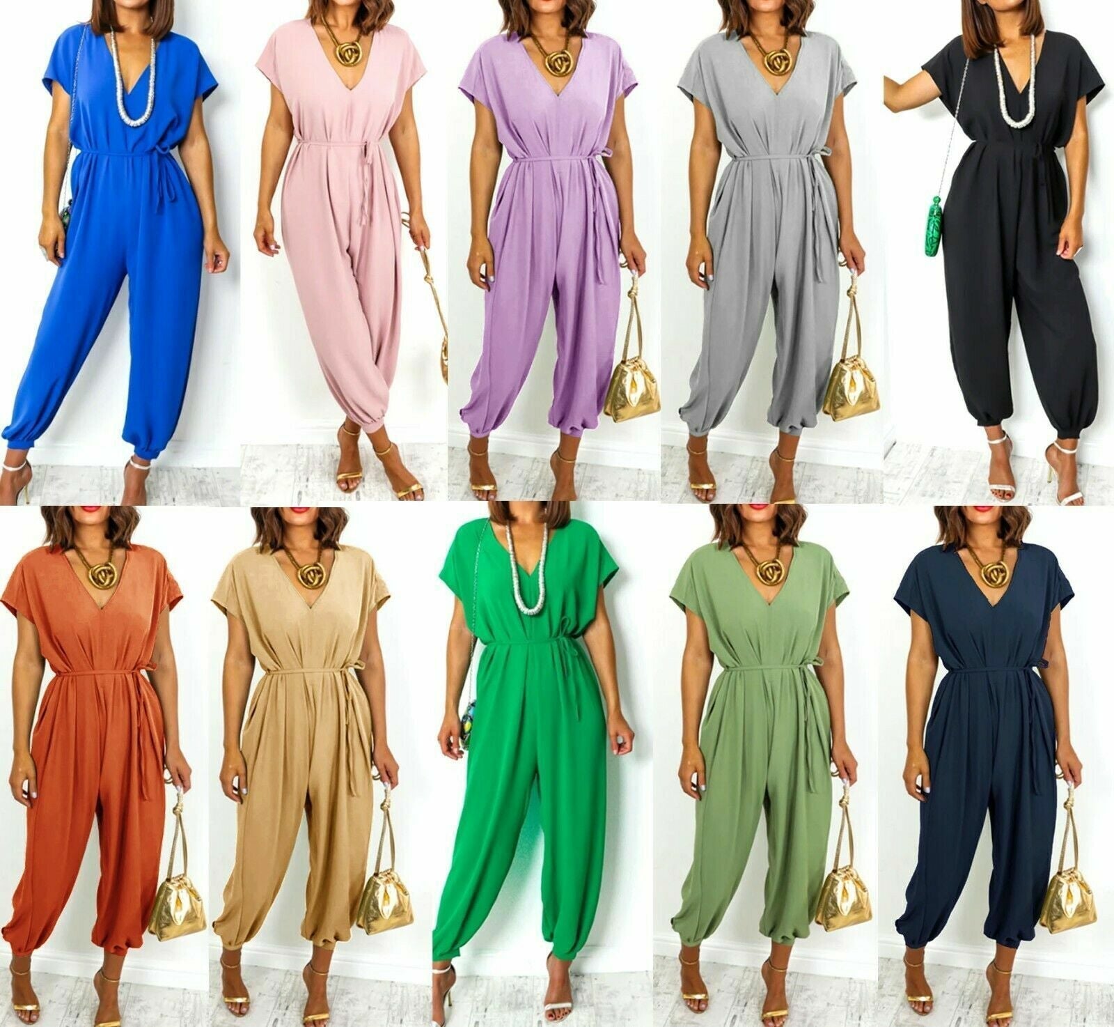Dames Jumpsuit – V-hals – Korte Mouwen – Elastische Taille – Cuffed Pijpen