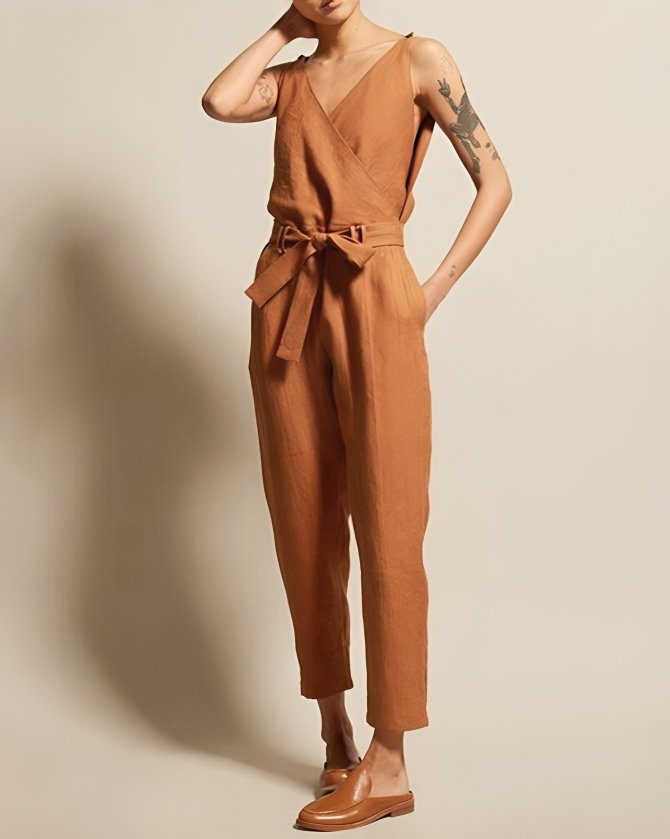 Dames Jumpsuit - Linnen Katoen - Getailleerde Pasvorm - Mouwloos met Overslag V-Hals