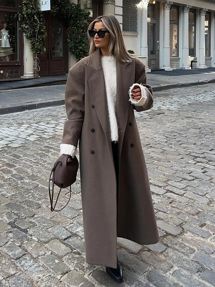 Ladies Long Overcoat – Wool – Loose Fit – Double-Breasted – Structured Shoulders