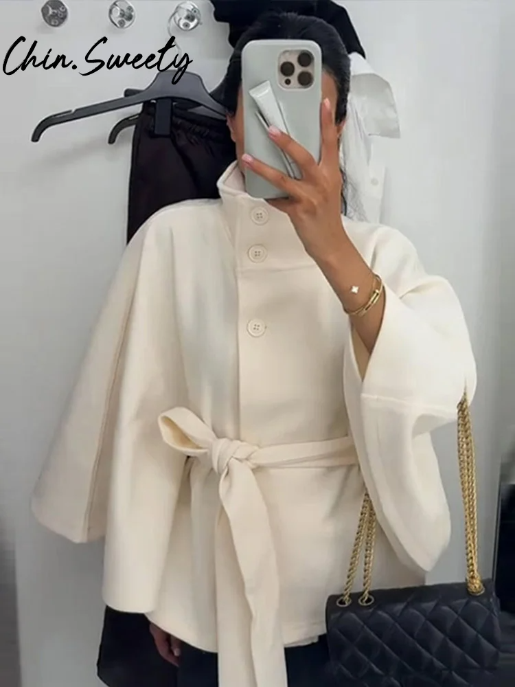 Women's Cape Coat – Wool Blend – Loose-Fitting Model – High Collar – Waist Belt