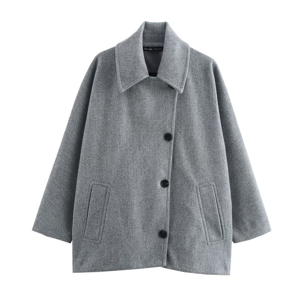 Ladies Coat – Oversized Fit – Wool Look – Batwing Sleeve – Notch Lapel – Button Closure