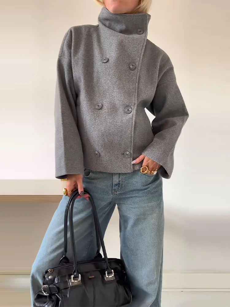 Ladies Short Coat – Oversized Fit – Wool Mix – Stand-up Collar – Double Tried