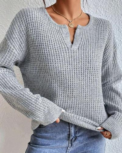 Women's Sweater V-neck – Wool Mix – Relaxed Fit – Cropped Length – Waffle Texture