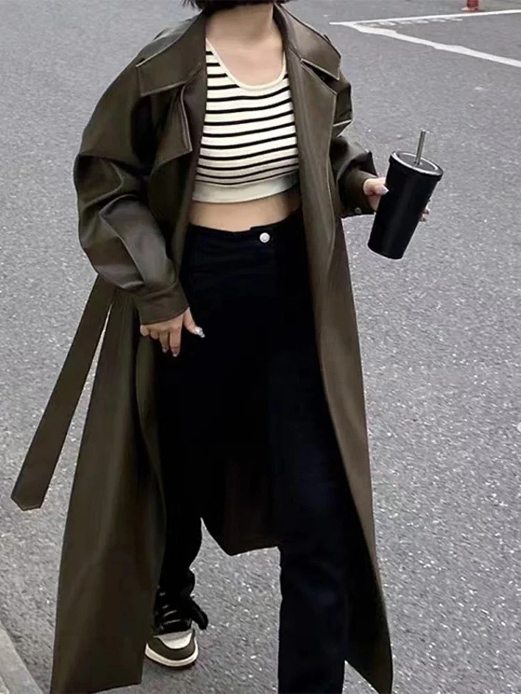 Ladies Long Coat – Tailored Fit – Imitation Leather Look – Classic Lapel