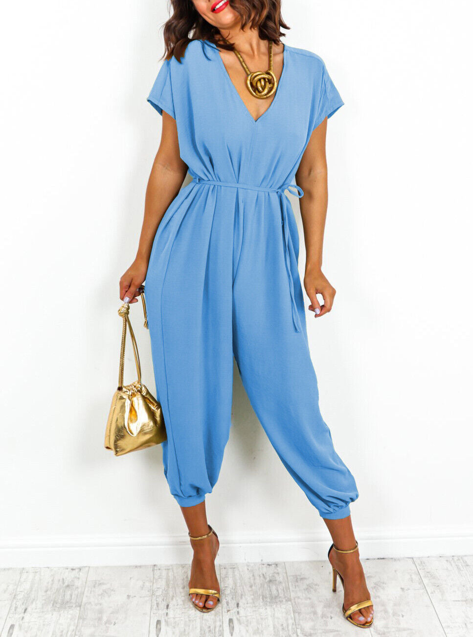 Dames Jumpsuit – V-hals – Korte Mouwen – Elastische Taille – Cuffed Pijpen