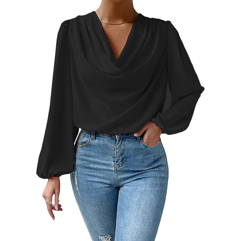 Dames Blouse – Losse Pasvorm – Cowl Halslijn – Lange Pofmouwen – Elegante Stijl