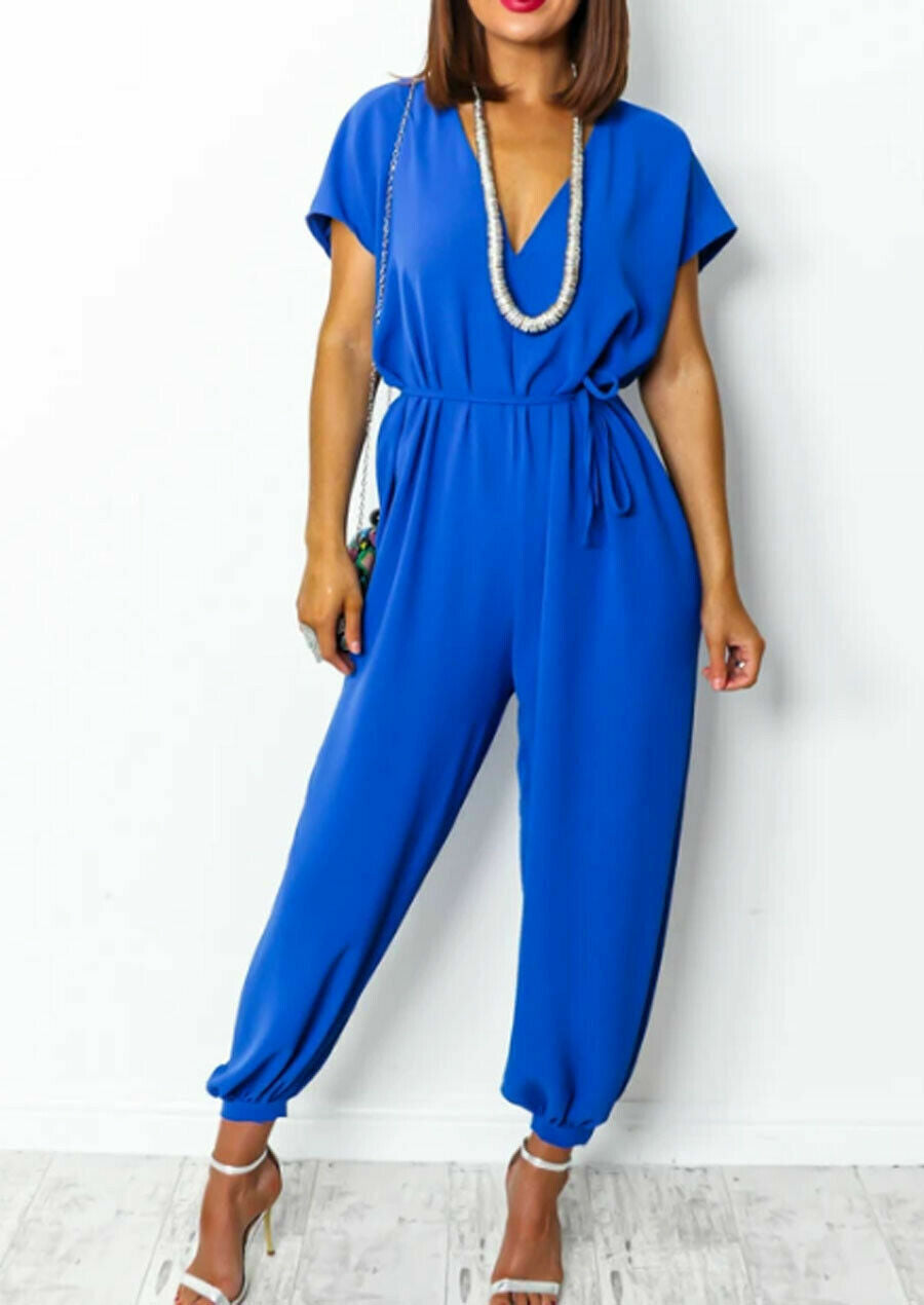 Dames Jumpsuit – V-hals – Korte Mouwen – Elastische Taille – Cuffed Pijpen