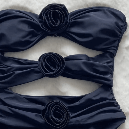 Dames Badpak - Bandeau Model met Uitsnijding - Hoge Taille - Bloemenapplicatie