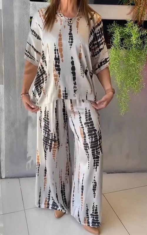 Dames Lounge Set – Oversized Top & Wijde Broek – Abstracte Print – Comfort Fit