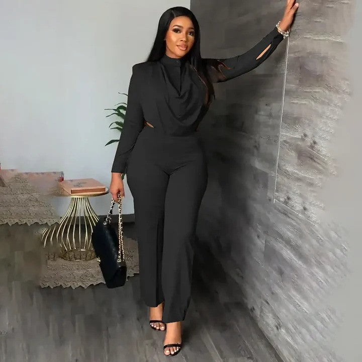 Dames Tweedelig Pak – Draped Top met Cut-Out – Hoge Taille Broek – Elegante Pasvorm
