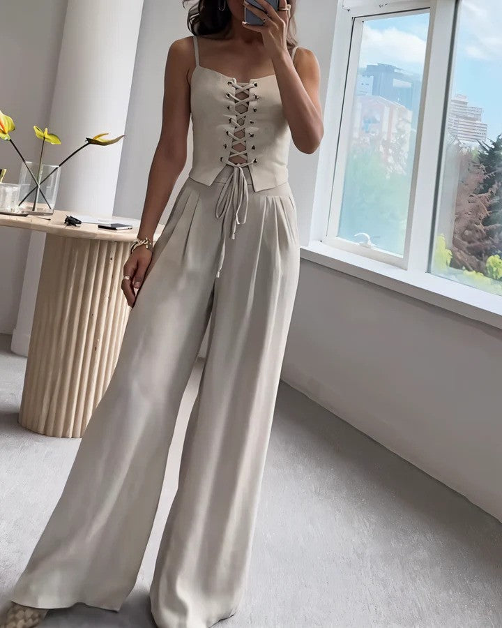 Dames Jumpsuit - Corset Top met Vetersluiting - Spaghettibandjes - Wijde Pijpen