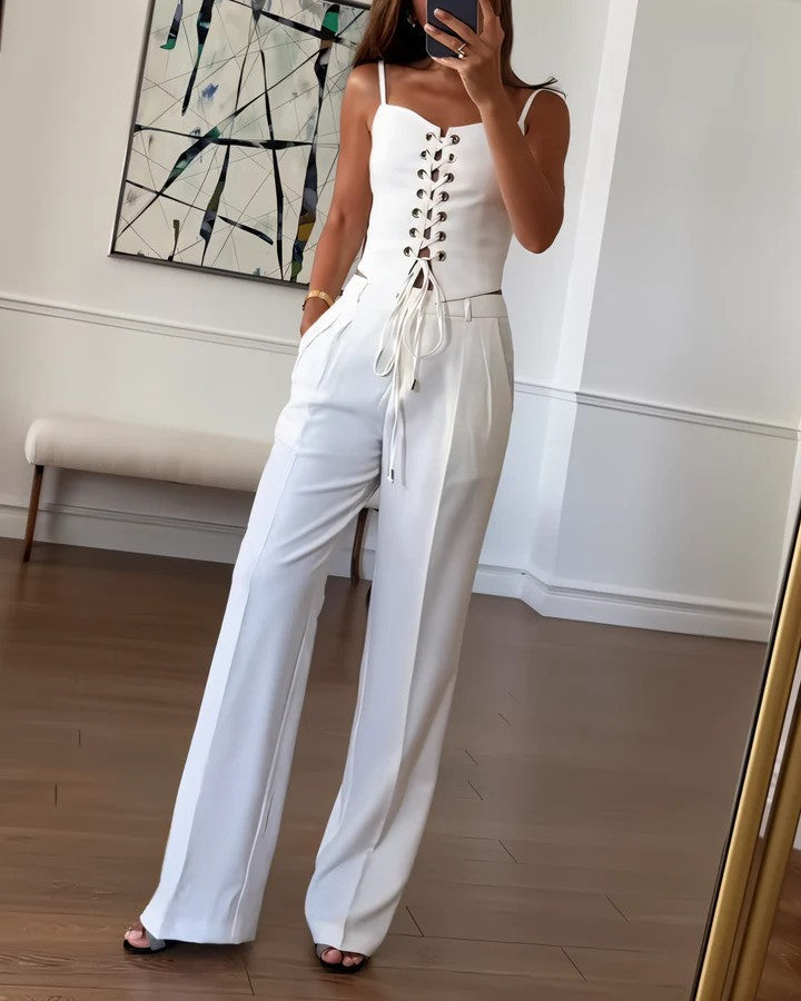 Dames Jumpsuit - Corset Top met Vetersluiting - Spaghettibandjes - Wijde Pijpen