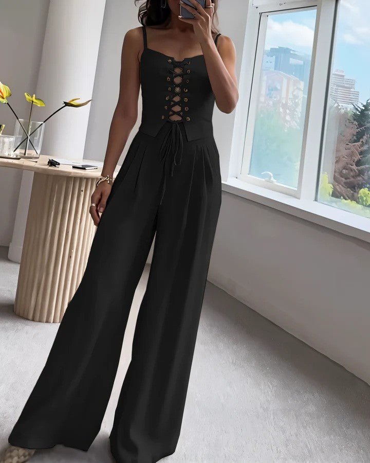Dames Jumpsuit - Corset Top met Vetersluiting - Spaghettibandjes - Wijde Pijpen