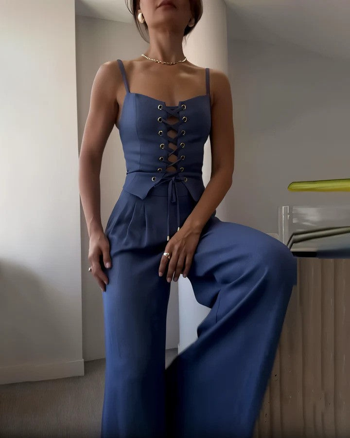 Dames Jumpsuit - Corset Top met Vetersluiting - Spaghettibandjes - Wijde Pijpen