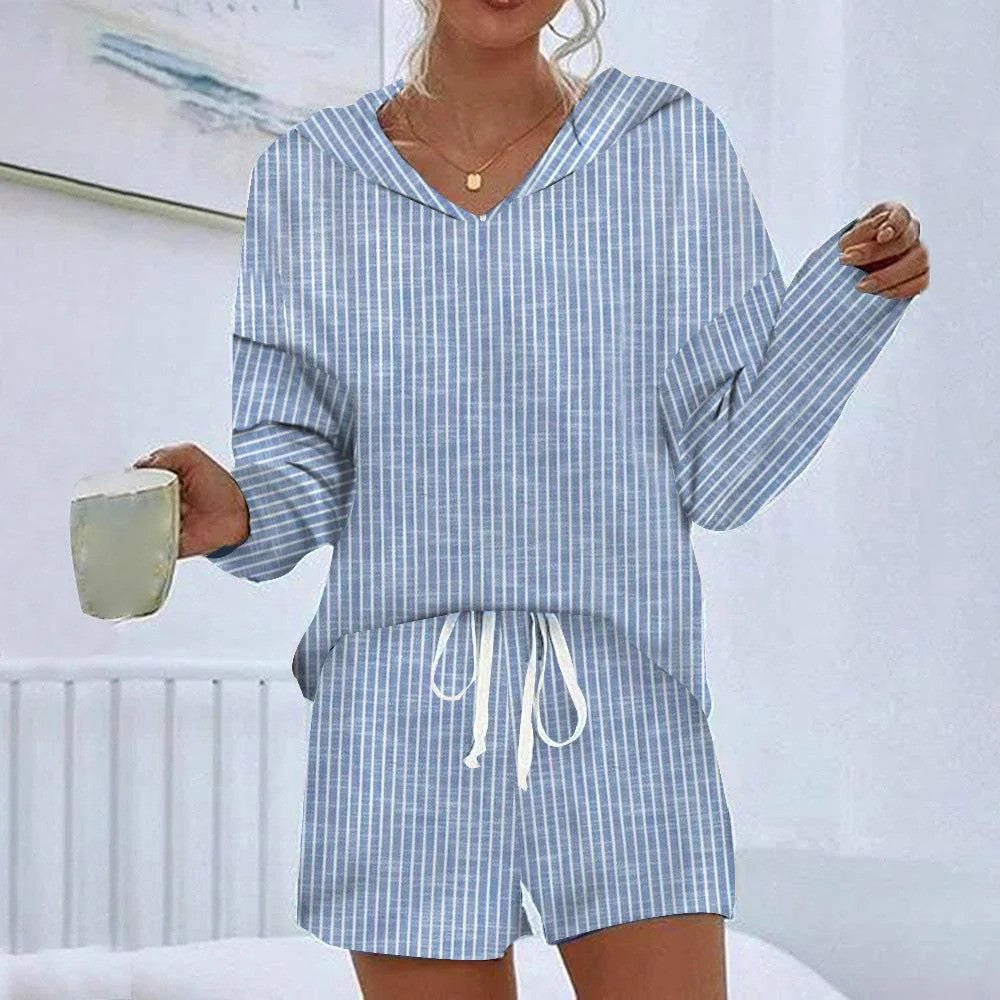 Dames Loungewear Set – V-Hals Hoodie – Losse Pasvorm – Gestreepte Top en Shorts