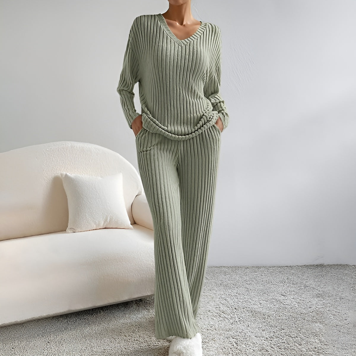 Herfst Winter gebreide set met V-hals trui en elastische broek