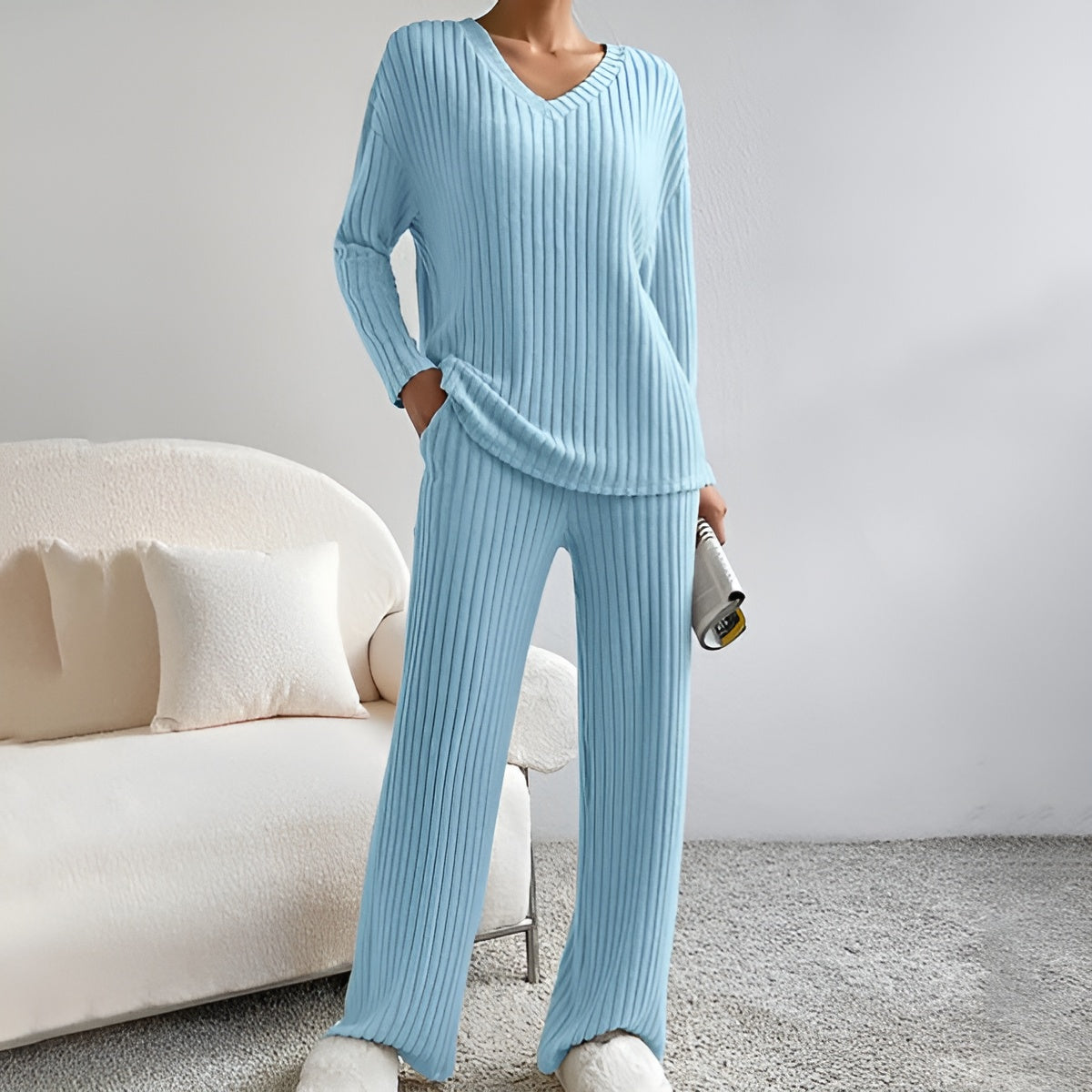 Herfst Winter gebreide set met V-hals trui en elastische broek