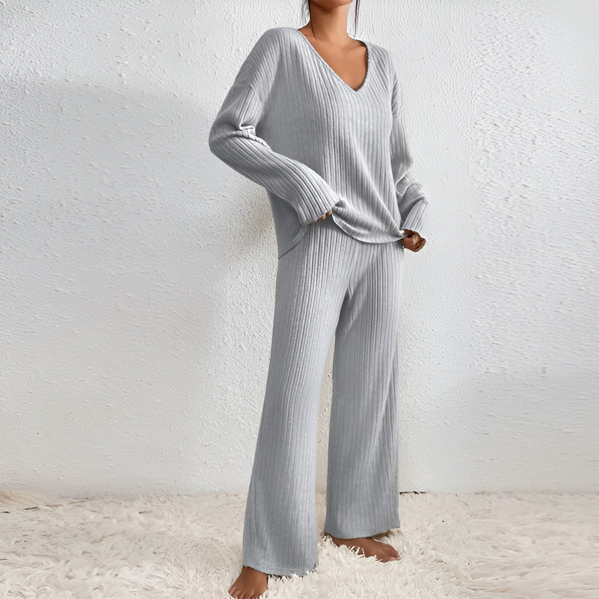Herfst Winter gebreide set met V-hals trui en elastische broek